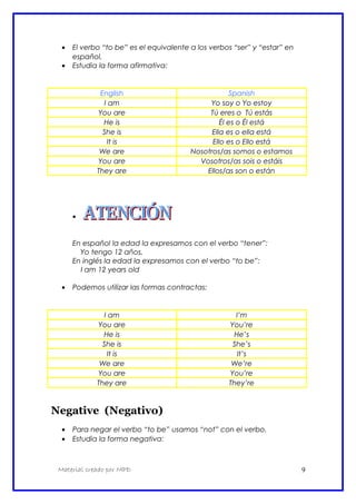 • El verbo “to be” es el equivalente a los verbos “ser” y “estar” en
español.
• Estudia la forma afirmativa:
English Spanish
I am Yo soy o Yo estoy
You are Tú eres o Tú estás
He is Él es o Él está
She is Ella es o ella está
It is Ello es o Ello está
We are Nosotros/as somos o estamos
You are Vosotros/as sois o estáis
They are Ellos/as son o están
•
En español la edad la expresamos con el verbo “tener”:
Yo tengo 12 años.
En inglés la edad la expresamos con el verbo “to be”:
I am 12 years old
• Podemos utilizar las formas contractas:
I am I’m
You are You’re
He is He’s
She is She’s
It is It’s
We are We’re
You are You’re
They are They’re
Negative (Negativo)
• Para negar el verbo “to be” usamos “not” con el verbo.
• Estudia la forma negativa:
Material creado por MPD 9
 
