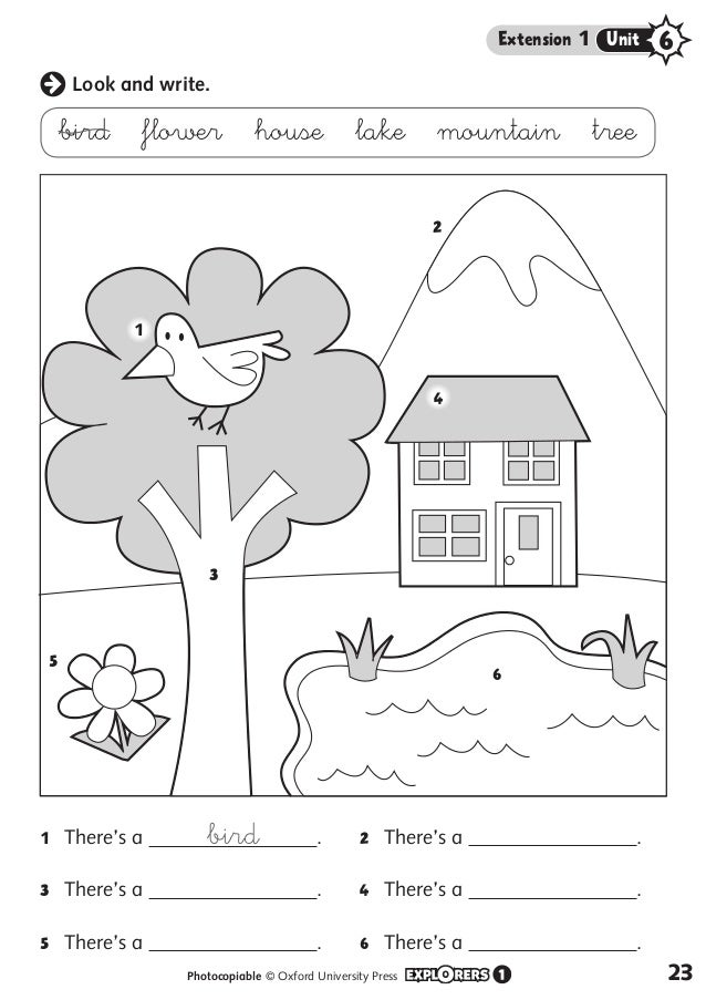 Look and write.
bird ​flower ​house ​lake ​mountain ​tree
1
2
3
5
4
6
1  There’s a bird .
3  There’s a .
5  There’s a .
2 ...