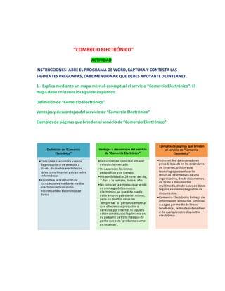 “COMERCIO ELECTRÓNICO” 
ACTIVIDAD 
INSTRUCCIONES: ABRE EL PROGRAMA DE WORD, CAPTURA Y CONTESTA LAS 
SIGUIENTES PREGUNTAS, CABE MENCIONAR QUE DEBES APOYARTE DE INTERNET. 
1.- Explica mediante un mapa mental-conceptual el servicio “Comercio Electrónico”. El 
mapa debe contener los siguientes puntos: 
Definición de “Comercio Electrónico” 
Ventajas y desventajas del servicio de “Comercio Electrónico” 
Ejemplos de páginas que brindan el servicio de “Comercio Electrónico” 
Definición de “Comercio 
Electrónico” 
•Cons iste en la compra y venta 
deproductos o de servicios a 
través de medios electrónicos, 
ta les como Internet y otras redes 
informáticas 
•apl icaba a la realización de 
transacciones mediante medios 
electrónicos ta les como 
el Intercambio electrónico de 
datos 
Ventajas y desventajas del servicio 
de “Comercio Electrónico” 
•Reducción de costo real al hacer 
es tudio de mercado. 
•Desaparecen los límites 
geográficos y de tiempo. 
•Di sponibilidad las 24 horas del día, 
7 días a la semana, todo el año. 
•No conocer la empresa que vende 
es un riesgo del comercio 
electrónico, ya que ésta puede 
es tar en otro país o en el mismo, 
pero en muchos casos las 
"empresas" o "personas-empresa" 
que ofrecen sus productos o 
servicios por Internet ni siquiera 
es tán constituidas legalmente en 
su país y no se trata mas que de 
gente que esta "probando suerte 
en Internet". 
Ejemplos de páginas que brindan 
el servicio de “Comercio 
Electrónico” 
•Intranet:Red de ordenadores 
privada basada en los estándares 
de Internet, utilizan esta 
tecnología para enlazar los 
recursos informativos de una 
organización, desde documentos 
de texto a documentos 
mul timedia, desde bases de datos 
legales a sistemas de gestión de 
documentos. 
•Comercio Electrónico: Entrega de 
información, productos, s ervicios 
o pagos por medio de líneas 
telefónicas, redes de ordenadores 
o de cualquier otro dispositivo 
electrónico. 
 