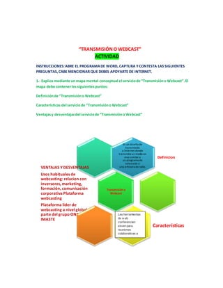 “TRANSMISIÓN O WEBCAST” 
ACTIVIDAD 
INSTRUCCIONES: ABRE EL PROGRAMA DE WORD, CAPTURA Y CONTESTA LAS SIGUIENTES 
PREGUNTAS, CABE MENCIONAR QUE DEBES APOYARTE DE INTERNET. 
1.- Explica mediante un mapa mental-conceptual el servicio de “Transmisión o Webcast”. El 
mapa debe contener los siguientes puntos: 
Definición de “Transmisión o Webcast” 
Características del servicio de “Transmisión o Webcast” 
Ventajas y desventajas del servicio de “Transmisión o Webcast” 
Es un diseño de 
transmisión 
a Internet donde 
transmite un medio en 
vivo similar a 
un programa de 
televisión o 
una emisora de radio. 
Definicion 
Transmisión o 
Webcast 
VENTAJAS Y DESVENTAJAS 
Usos habituales de 
webcasting: relacion con 
inversores, marketing, 
formación, comunicación 
corporativa Plataforma 
webcasting 
Plataforma lider de 
webcasting a nivel global, 
parte del grupo ON24- 
IMASTE 
Características 
Las herramientas 
de w eb 
conferencien 
sirven para 
reuniones 
colaborativas a 
tiempo real. 
 