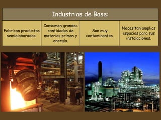 Industrias de Base:
Fabrican productos
semielaborados.
Consumen grandes
cantidades de
materias primas y
energía.
Son muy
contaminantes.
Necesitan amplios
espacios para sus
instalaciones.
 