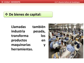  De bienes de capital:
Llamadas también
industria pesada,
transforma los
productos en
maquinarias y
herramientas.
IX- Unidad : GEOGRAFÍA I.E.P «Nuestra Señora de Guadalupe»