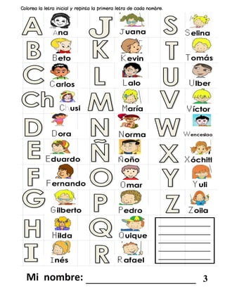 _______________________ 3
* COLOREA LAS LETRAS Y REPINTA LA LETRA INICIAL DE CADA PALABRA.
na
Beto
Carlos
Chusi
Dora
Eduardo
Fernando
Gilberto
Hilda
Inés
Juana
Kevin
Lalo
María
Norma
Ñoño
Omar
Pedro
Quique
Rafael
Selina
Tomás
Ulber
Víctor
Wenceslao
Xóchitl
Yuli
Zoila
_____________
_____________
_____________
_____________
_____________
 