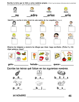 Escribe la letra que le falta a estos nombres propios. (Ficha 9: que los alumnos reflexionen sobre la estabilidad
de la representación escrita a partir del análisis del nombre propio)
Ana Pedro Carlos María
__na __edro __arlos __aría
Identifica y escribe la letra inicial de cada nombre de tus compañeros. (Ficha 9)
Ana Eduardo Selina Omar Ulber
Marïa Selina Pedro Lalo Rafael
Observa las imágenes y encierra los dibujos que riman luego escríbelos. (Ficha 2 y 16)
¿Qué palabras riman?
p__ñ__ p__z__ b__ll__t__s
p__rr__ __b__ j __ b__s__
_____________________________ 45
 