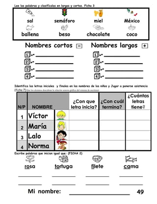 Lee las palabras y clasifícalas en largas y cortas. Ficha 3
sal semáforo miel México
ballena beso chocolate coco
Nombres cortos Nombres largos
Identifica las letras iniciales y finales en los nombres de los niños y Jugar a ponerse asistencia
(ficha 7) Que los alumnos descubran la relación sonora-gráfica del sistema de escritura)
N/P NOMBRE
¿Con que
letra inicia?
¿Con cuál
termina?
¿Cuántas
letras
tiene?
1 Víctor
2 María
3 Lalo
4 Norma
Escribe palabras que inician igual que: (FICHA 2)
rosa tortuga filete cama
_______ _______ _______ _______
_______ _______ _______ _______
_________________ 49
 