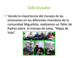 Tallerde padres
• Viendo la importancia del manejo de las
emociones en los diferentes miembros de la
comunidad Miguelista, realizamos un Taller de
Padres sobre el manejo de estas, “Mapa de
Vida”.
 