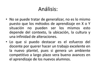 Análisis: 
• No se puede tratar de generalizar, no es lo mismo 
puesto que los métodos de aprendizaje en X o Y 
situación no pueden ser los mismos esto 
depende del contexto, la ubicación, la cultura y 
una infinidad de alteraciones. 
• Lo que si puedo destacar es el esfuerzo del 
docente por querer hacer un trabajo excelente en 
la nuevo plantel, pues si genera un ambiente 
competitivo a largo plazo vera bueno avances en 
el aprendizaje de los nuevos alumnos. 
