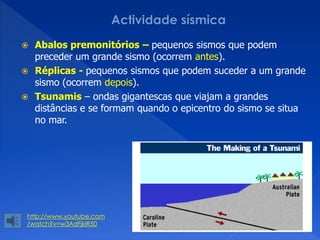  Abalos premonitórios – pequenos sismos que podem
  preceder um grande sismo (ocorrem antes).
 Réplicas - pequenos sismos que podem suceder a um grande
  sismo (ocorrem depois).
 Tsunamis – ondas gigantescas que viajam a grandes
  distâncias e se formam quando o epicentro do sismo se situa
  no mar.




 http://www.youtube.com
 /watch?v=w3AdFjklR50
 