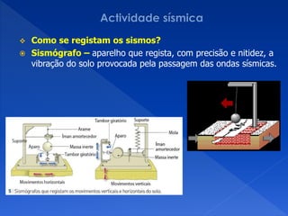  Como se registam os sismos?
 Sismógrafo – aparelho que regista, com precisão e nitidez, a
  vibração do solo provocada pela passagem das ondas sísmicas.
 