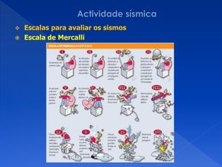  Escalas para avaliar os sismos
 Escala de Mercalli
 