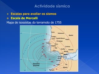  Escalas para avaliar os sismos
 Escala de Mercalli
Mapa de isossistas do terramoto de 1755
 