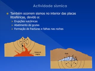    Também ocorrem sismos no interior das placas
    litosféricas, devido a:
     Erupções vulcânicas
     Abatimento de grutas
     Formação de fracturas e falhas nas rochas
 