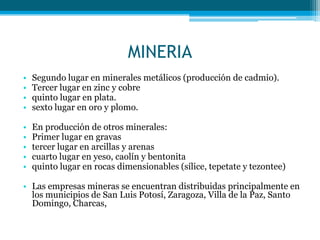 MINERIA
•
•
•
•

Segundo lugar en minerales metálicos (producción de cadmio).
Tercer lugar en zinc y cobre
quinto lugar en plata.
sexto lugar en oro y plomo.

•
•
•
•
•

En producción de otros minerales:
Primer lugar en gravas
tercer lugar en arcillas y arenas
cuarto lugar en yeso, caolín y bentonita
quinto lugar en rocas dimensionables (sílice, tepetate y tezontee)

• Las empresas mineras se encuentran distribuidas principalmente en
los municipios de San Luis Potosí, Zaragoza, Villa de la Paz, Santo
Domingo, Charcas,

 