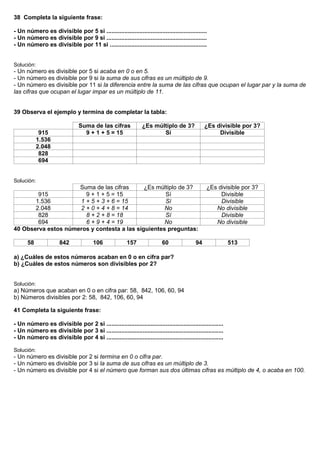 38 Completa la siguiente frase:

- Un número es divisible por 5 si .............................................................
- Un número es divisible por 9 si .............................................................
- Un número es divisible por 11 si ...........................................................


Solución:
- Un número es divisible por 5 si acaba en 0 o en 5.
- Un número es divisible por 9 si la suma de sus cifras es un múltiplo de 9.
- Un número es divisible por 11 si la diferencia entre la suma de las cifras que ocupan el lugar par y la suma de
las cifras que ocupan el lugar impar es un múltiplo de 11.


39 Observa el ejemplo y termina de completar la tabla:

                                Suma de las cifras              ¿Es múltiplo de 3?              ¿Es divisible por 3?
            915                   9 + 1 + 5 = 15                       Sí                            Divisible
           1.536
           2.048
            828
            694


Solución:
                     Suma de las cifras      ¿Es múltiplo de 3?                                 ¿Es divisible por 3?
        915            9 + 1 + 5 = 15               Sí                                               Divisible
       1.536         1 + 5 + 3 + 6 = 15             Sí                                               Divisible
       2.048         2 + 0 + 4 + 8 = 14             No                                             No divisible
        828            8 + 2 + 8 = 18               Sí                                               Divisible
        694            6 + 9 + 4 = 19               No                                             No divisible
40 Observa estos números y contesta a las siguientes preguntas:

      58              842              106              157               60               94               513

a) ¿Cuáles de estos números acaban en 0 o en cifra par?
b) ¿Cuáles de estos números son divisibles por 2?


Solución:
a) Números que acaban en 0 o en cifra par: 58, 842, 106, 60, 94
b) Números divisibles por 2: 58, 842, 106, 60, 94

41 Completa la siguiente frase:

- Un número es divisible por 2 si .......................................................................
- Un número es divisible por 3 si .......................................................................
- Un número es divisible por 4 si .......................................................................

Solución:
- Un número es divisible por 2 si termina en 0 o cifra par.
- Un número es divisible por 3 si la suma de sus cifras es un múltiplo de 3.
- Un número es divisible por 4 si el número que forman sus dos últimas cifras es múltiplo de 4, o acaba en 100.
 