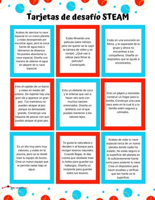 Tarjetas de desafío STEAM
Acabas de aterrizar tu nave
espacial en un nuevo planeta
y estás desesperado por
encontrar agua, pero la única
fuente de agua está a
kilómetros de distancia.
No puedes abandonar tu
nave espacial. Diseña una
manera de obtener el agua
sin alejarte de tu nave
espacial.
Estás filmando una
película sobre héroes,
pero sin querer se te cayó
la cámara de video y se
rompió. ¿Qué vas a
utilizar para filmar la
película?
Constrúyelo.
Estás en una excursión en
África, y te separaste de tu
grupo y ahora no
encuentras a tus
compañeros. Diseña un
dispositivo que te ayude a
encontrarlos.
Eres el capitán de un barco
y estas en medio del
océano. De repente hay una
gran ola y aparece un gran
pez. Tus marineros no
pueden atrapar al pez
porque es demasiado
grande. Construye una
máquina de pescar con que
puedas atrapar al gran pez.
Eres un elefante de circo
y te enteras que van a
hacer otro acto con
muchos ratones
entrenados. Diseña un
artefacto con el que
puedas mantener a los
ratones lejos.
Eres un pájaro y necesitas
construir un hogar para tu
familia. Construye una casa
para aves en la cual tú y tu
familia estén seguros y
cómodos.
Es un día muy pero muy
caluroso, y estás en la
piscina, pero se te olvidó
traer tu equipo de buceo.
Crea un nuevo equipo que
te permita nadar bajo el
agua.
Te gusta la naturaleza y
decides ir al bosque para
recoger tesoros naturales.
Cuando llegas, te das
cuenta que olvidaste traer
tu bolso para guardar tus
hallazgos. Diseña un
recipiente para guardar
todos tus tesoros.
Acabas de volar tu nave
espacial cerca de un nuevo
planeta donde nadie ha
estado. No estás seguro si
la superficie del planeta es
lo suficientemente fuerte
como para sostener tu nave.
Crea un dispositivo para
hacer pruebas y verificar
que tan fuerte es la
superficie.
CIRCUITDRONE
 