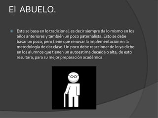 El  ABUELO.Este se basa en lo tradicional, es decir siempre da lo mismo en los años anteriores y también un poco paternalista. Esto se debe basar un poco, pero tiene que renovar la implementación en la metodología de dar clase. Un poco debe reaccionar de lo ya dicho en los alumnos que tienen un autoestima decaída o alta, de esto resultara, para su mejor preparación académica.  