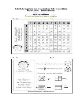 Actividades sugeridas para el aprendizaje de las matemáticas
Docente tutor: Inés Bustamante
Tabla de multiplicar
Completa los huecos en la tabla de multiplicar
Geometría 1
Aprende que son los ejes de simetría
 