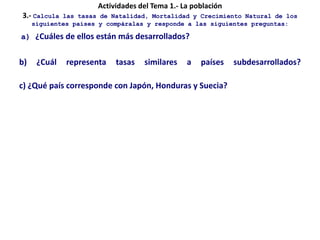 Actividades del Tema 1.- La población
3.- Calcula las tasas de Natalidad, Mortalidad y Crecimiento Natural de los
siguientes países y compáralas y responde a las siguientes preguntas:
a) ¿Cuáles de ellos están más desarrollados?
b) ¿Cuál representa tasas similares a países subdesarrollados?
c) ¿Qué país corresponde con Japón, Honduras y Suecia?
 