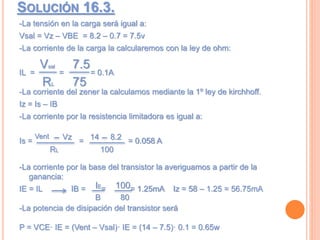 SOLUCIÓN 16.3.
-La tensión en la carga será igual a:
Vsal = Vz – VBE = 8.2 – 0.7 = 7.5v
-La corriente de la carga la calcularemos con la ley de ohm:
IL = = = 0.1A
-La corriente del zener la calculamos mediante la 1º ley de kirchhoff.
Iz = Is – IB
-La corriente por la resistencia limitadora es igual a:
Is = = = 0.058 A
-La corriente por la base del transistor la averiguamos a partir de la
ganancia:
IE = IL IB = = = 1.25mA Iz = 58 – 1.25 = 56.75mA
-La potencia de disipación del transistor será
P = VCE· IE = (Vent – Vsal)· IE = (14 – 7.5)· 0.1 = 0.65w
Vsal
RL
7.5
75
Vent
RL
Vz 14
100
8.2
IE
B
100
80
 