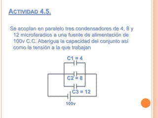 ACTIVIDAD 4.5.
Se acoplan en paralelo tres condensadores de 4, 8 y
12 microfaradios a una fuente de alimentación de
100v C.C. Aberigua la capacidad del conjunto así
como la tensión a la que trabajan
C1 = 4
100v
C3 = 12
C2 = 8
 