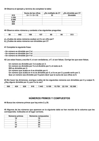 39 Observa el ejemplo y termina de completar la tabla:

                                Suma de las cifras              ¿Es múltiplo de 3?              ¿Es divisible por 3?
            915                   9 + 1 + 5 = 15                       Sí                            Divisible
           1.536
           2.048
            828
            694


40 Observa estos números y contesta a las siguientes preguntas:

      58               842             106              157               60               94               513

a) ¿Cuáles de estos números acaban en 0 o en cifra par?
b) ¿Cuáles de estos números son divisibles por 2?


41 Completa la siguiente frase:

- Un número es divisible por 2 si .......................................................................
- Un número es divisible por 3 si .......................................................................
- Un número es divisible por 4 si .......................................................................

42 Lee estas frases y escribe V, si son verdaderas, o F, si son falsas. Corrige las que sean falsas.

       Un número es divisible por 3 si acaba en 3.
       Un número es divisible por 5 si al dividirlo por 5, el resto es 0.
       895 es divisible por 2.
       Un número que acaba en 4 es divisible por 4.
       Un número que acaba en 4 no es divisible por 5, sí lo es por 2 y puede serlo por 3.
       Que un número sea divisible por 9 quiere decir que la suma de sus cifras es 9.

43 Sin hacer las divisiones, averigua cuáles de los siguientes números son divisibles por 4 y cuápor 9.
¿Hay alguno divisible por 4 y por 9 a la vez?

    500          424          828          918         7.443        9.109       15.759       22.134         82.368




                                       NÚMEROS PRIMOS Y COMPUESTOS
44 Busca los números primos que hay entre 2 y 20.


45 Algunos de los números que aparecen en la siguiente tabla se han movido de la columna que les
correspondía. Colócalos en el lugar correcto.

       Números primos                   Números compuestos
            14                                  16
             7                                  11
            21                                  39
            13                                  23
            57                                  71
 