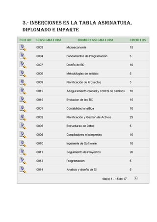3.- INSERCIONES EN LA TABLA ASIGNATURA,
DIPLOMADO E IMPARTE
 