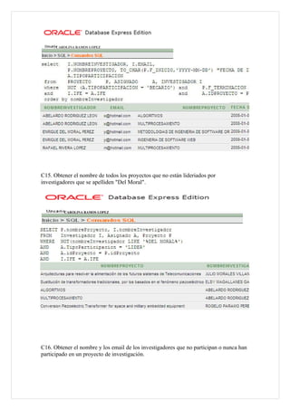 : CAROLINA RAMOS LOPEZ




C15. Obtener el nombre de todos los proyectos que no están lideriados por
investigadores que se apelliden "Del Moral".




         CAROLINA RAMOS LOPEZ




C16. Obtener el nombre y los email de los investigadores que no participan o nunca han
participado en un proyecto de investigación.
 
