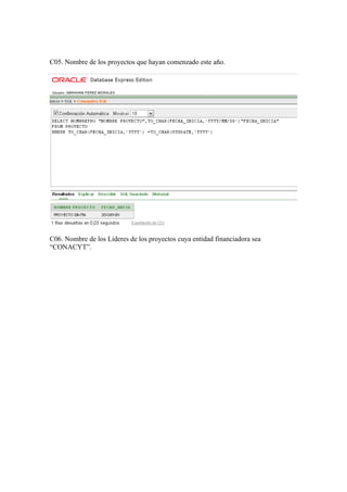 C05. Nombre de los proyectos que hayan comenzado este año.




C06. Nombre de los Lideres de los proyectos cuya entidad financiadora sea
“CONACYT”.
 