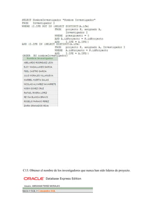 C13. Obtener el nombre de los investigadores que nunca han sido lideres de proyecto.
 