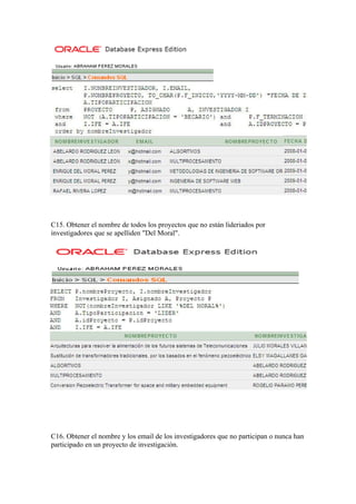 C15. Obtener el nombre de todos los proyectos que no están lideriados por
investigadores que se apelliden "Del Moral".




C16. Obtener el nombre y los email de los investigadores que no participan o nunca han
participado en un proyecto de investigación.
 