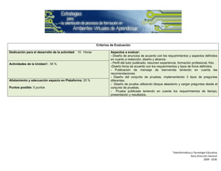 Criterios de Evaluación

Dedicación para el desarrollo de la actividad: 10 Horas            Aspectos a evaluar:
                                                                   - Diseño de anuncios de acuerdo con los requerimientos y aspectos definidos
                                                                   en cuanto a redacción, diseño y alcance.
Actividades de la Unidad I : 35 %                                  - Perfil del tutor publicado, resumen experiencia, formación profesional, foto.
                                                                   -Diseño foros de acuerdo con los requerimientos y tipos de foros definidos.
                                                                   - Publicación de mensaje de bienvenida teniendo en cuenta las
                                                                   recomendaciones
                                                                   - Diseño del conjunto de pruebas, implementando 3 tipos de preguntas
Alistamiento y adecuación espacio en Plataforma: 20 %              diferentes.
                                                                   - Diseño de prueba utilizando bloque aleaotorio y cargar preguntas desde el
Puntos posible: 5 puntos                                           conjunto de pruebas.
                                                                   - Prueba publicada teniendo en cuenta los requerimientos de tiempo,
                                                                   presentación y resultados.




                                                                                                                 Teleinformática y Tecnología Educativa
                                                                                                                                Sena Dirección General
                                                                                                                                           2009 - OCBJ
 