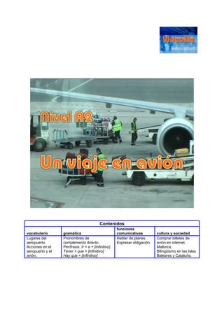 Contenidos
vocabulario gramática
funciones
comunicativas cultura y sociedad
Lugares del
aeropuerto.
Acciones en el
aeropuerto y el
avión.
Pronombres de
complemento directo.
Perífrasis: Ir + a + [infinitivo]
Tener + que + [infinitivo]
Hay que + [infinitivo]
Hablar de planes.
Expresar obligación.
Comprar billetes de
avión en internet.
Mallorca.
Bilingüismo en las Islas
Baleares y Cataluña.
 