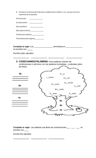 4. Escriba enla columnade la derechaunadjetivoterminadoen -iva, -ivo,que resumala
expresiónde laizquierda.
Piensamucho ________________
Se expresabien ________________
Que reproduce ________________
Que expresaafecto________________
Puede hacerexplotar_______________
Tiene deseosde venganza___________
Completa la regla: Los __________________ terminados en ________________
se escriben con _____.
Escribe cuatro ejemplos
_______________ _______________ _______________ _______________
5. COSECHANDO PALABRAS: Arma palabras uniendo las
combinaciones s del tronco con las palabras incompletas y colócalas sobre
las líneas.
Completa la regla: Las palabras que llevan las combinaciones ___ ___ ___ se
escriben con ____
Escribe tres ejemplos
_______________ _______________ _______________
bv
dv
nv
.
I__vierno
A__ertir
O__tener A__erbio
dv
bv
nv
Co__ivir
Co__encer
Bie__enido
O__io
Su__ención
 