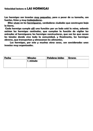 Velocidad lectora 4: LAS HORMIGAS
Las hormigas son insectos muy pequeños, pero a pesar de su tamaño, son
fuertes, listas y muy trabajadoras.
Ellas viven en los hormigueros, verdaderas ciudades que construyen bajo
la tierra.
Cada hormiga cumple allí una función: por un lado está la reina, además
existen las hormigas centinelas, que cumplen la función de vigilar las
entradas al hormiguero; las hormigas constructoras, que son las que cavan
los túneles donde vive toda la comunidad, y finalmente, las hormigas
obreras, que transportan y almacenan los alimentos.
Las hormigas, por esto y muchas otras cosas, son consideradas unos
insectos muy organizados.
Fecha Minutos Palabras leídas Errores
1 minuto
 