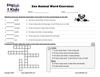  
Copyright, 2006 :                      www.english‐4kids.com                                                                                                                                www.eslkidslab.com 
 
   Name:  _________________                                Class: ______________
Zoo Animal Word Exercises
Matching Exercise: Read the description and match it to the animal listed on the left.
1. panda a. It loves to climb trees. It has a long tail.
2. elephant b. It has a long neck and long legs. It can't fly but can run fast.
3. monkey c. It has a long tail. It eats other animals.
4. giraffe d. It's black and white. It eats bamboo.
5. ostrich e. It has long neck. It eats leaves from tall trees.
6. Lion f. It has two big ears and eats leaves.
Crossword Puzzle: Read the clues on the right and guess the animal.
 
 
 
 
 
 
 
 
1 2
3
4
5
6
Across
1 It can climb trees. It has a long tail.
3 It has a long neck and eats leaves.
4 It's black and white. It eats bamboo.
6 It has a long neck. It can't fly but it can run fast.
Down
2 It has a long nose. It eats fruits and leaves.
5 It eats other animals.
 