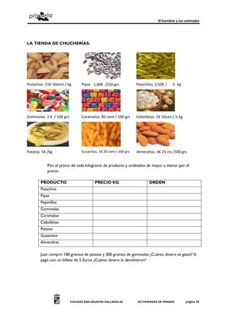 El hombre y los animales




LA TIENDA DE CHUCHERÍAS.




Pistachos. 11€ 50cent / kg       Pipas . 1,60€ /250 grs            Pepinillos. 2,50€ /   ½ kg




Gominolas. 1 € / 100 grs         Caramelos. 85 cent / 100 grs      Cebolletas. 1€ 50cen / ¼ kg




Patatas. 5€ /kg                  Gusanitos. 1€ 20 cent / 200 grs   Almendras. 6€ 25 cts /500 grs


            Pon el precio de cada kilogramo de producto y ordénalos de mayor a menor por el
            precio.

        PRODUCTO                         PRECIO KG                        ORDEN
        Pistachos
        Pipas
        Pepinillos
        Gominolas
        Caramelos
        Cebolletas
        Patatas
        Gusanitos
        Almendras

        Juan compró 100 gramos de patatas y 300 gramos de gominolas ¿Cuánto dinero se gastó? Si
        pagó con un billete de 5 Euros ¿Cuánto dinero le devolvieron?




                           COLEGIO SAN AGUSTÍN VALLADOLID          ACTIVIDADES DE VERANO         página 36
 