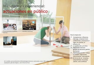 ● A medida, personalización ● Metodologías diversas: autoscopia, casos, 360, video, animación,
evaluación, plan de mejora , etc ● Informe final
In-company + experiencial:
actuaciones en público
Rueda de prensa
Grandes colectivosPresentaciones en público
internas
Para la mejora de:
↗ Competencias: influencia,
liderazgo, empowerment,
colaboración, orientación al
logro, los clientes, la
eficacia, etc
↗ La satisfacción y el clima
↗ Habilidades técnicas:
gestión de personas, gestión
de clientes
↗ Habilidades sociales: trabajo
en equipo, negociación,
comunicación, interrelación
↗ La forma de ser: iniciativa,
adaptabilidad, tenacidad,
valores, auto confianza
 