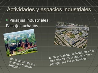 Actividades y espacios industriales
Paisajes industriales:
Paisajes urbanos


En e
l
ciud centro d
ad
e
antig es fábr las
icas
ua s

la
izan en
cal
d se lo s, como
da
e
actuali
ciudad los…
En la
las
eria de os tecnopo
perif
l
jemplo
por e

 