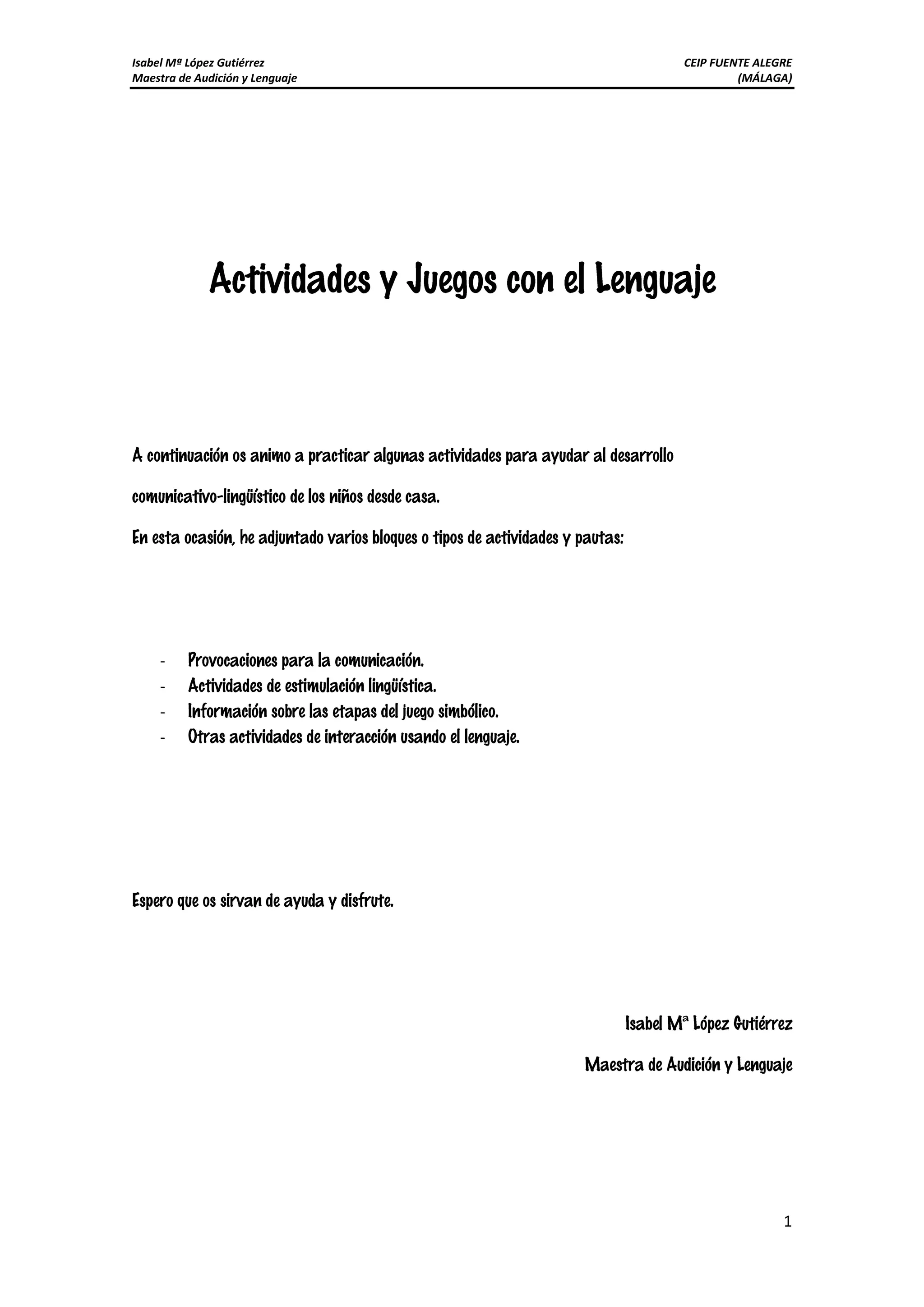 Actividades y juegos con el lenguaje infantil | PDF