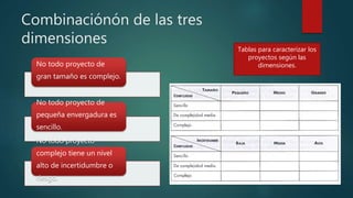 Combinaciónón de las tres
dimensiones
No todo proyecto de
gran tamaño es complejo.
No todo proyecto de
pequeña envergadura es
sencillo.
No todo proyecto
complejo tiene un nivel
alto de incertidumbre o
riesgo.
Tablas para caracterizar los
proyectos según las
dimensiones.
 