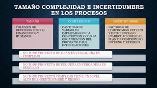 TAMAÑO COMPLEJIDAD E INCERTIDUMBRE
EN LOS PROCESOS
TAMAÑO
• VOLUMEN DE
RECURSOS FISICOS,
FINANCIEROS Y
HUMANOS
COMPLEJIDAD
• CANTIDAD DE
VARIABLES
IMPLICADAS EN LA
CONCEPCION Y CON LA
ORGANIZACIÓN DEL
PROYECTO Y SUS
INTERELACIONES
INCERTIDUMBRE
• FACTORES DE
COMPROMISO EXTERNI
Y DEFICIENCIAS O
INADECUACIONES DEL
PLAN DE COMPROMISO
INTERNO Y EXTERNO
 