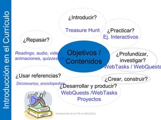 Introducción de las TIC en AICLE/CLIL
IntroducciónenelCurrículo
¿Practicar?
Ej. Interactivos
¿Profundizar,
investigar?
WebTasks / WebQuests
¿Repasar?
¿Introducir?
Treasure Hunt
¿Desarrollar y producir?
WebQuests /WebTasks
Proyectos
Objetivos /
Contenidos
¿Usar referencias?
Readings, audio, video,
animaciones, quizzes, etc.
Diccionarios, enciclopedias
¿Crear, construir?
 