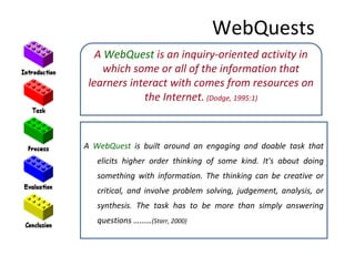WebQuests
A WebQuest is an inquiry-oriented activity in
which some or all of the information that
learners interact with comes from resources on
the Internet. (Dodge, 1995:1)
A WebQuest is built around an engaging and doable task that
elicits higher order thinking of some kind. It's about doing
something with information. The thinking can be creative or
critical, and involve problem solving, judgement, analysis, or
synthesis. The task has to be more than simply answering
questions ………(Starr, 2000)
 