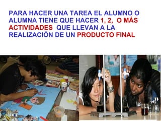 PARA HACER UNA TAREA EL ALUMNO O ALUMNA TIENE QUE HACER  1, 2,  O MÁS ACTIVIDADES   QUE LLEVAN A LA REALIZACIÓN DE UN  PRODUCTO FINAL 