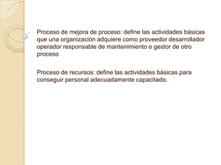 Proceso de mejora de proceso: define las actividades básicas
que una organización adquiere como proveedor desarrollador
operador responsable de mantenimiento o gestor de otro
proceso

Proceso de recursos: define las actividades básicas para
conseguir personal adecuadamente capacitado.
 