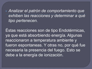  Analizar el patrón de comportamiento que 
exhiben las reacciones y determinar a qué 
tipo pertenecen. 
Éstas reacciones son de tipo Endotérmicas, 
ya que está absorbiendo energía. Algunas 
reaccionaron a temperatura ambiente y 
fueron espontaneas. Y otras no, por qué fue 
necesaria la presencia del fuego. Esto se 
debe a la energía de ionización. 
 