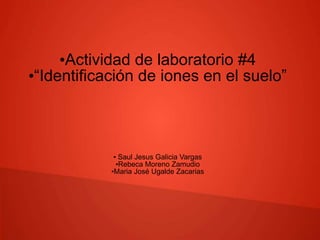 •Actividad de laboratorio #4
•“Identificación de iones en el suelo”

• Saul Jesus Galicia Vargas
•Rebeca Moreno Zamudio
•Maria José Ugalde Zacarias

 