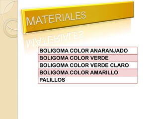 BOLIGOMA COLOR ANARANJADO
BOLIGOMA COLOR VERDE
BOLIGOMA COLOR VERDE CLARO
BOLIGOMA COLOR AMARILLO
PALILLOS
 