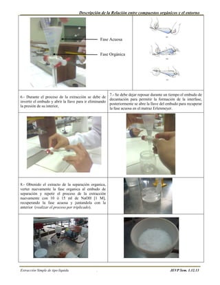 Descripción de la Relación entre compuestos orgánicos y el entorno




                                                   Fase Acuosa


                                                   Fase Orgánica




                                                       7.- Se debe dejar reposar durante un tiempo el embudo de
6.- Durante el proceso de la extracción se debe de
                                                       decantación para permitir la formación de la interfase,
invertir el embudo y abrir la llave para ir eliminando
                                                       posteriormente se abre la llave del embudo para recuperar
la presión de su interior,
                                                       la fase acuosa en el matraz Erlenmeyer.




8.- Obtenido el extracto de la separación organica,
verter nuevamente la fase organica al embudo de
separación y repetir el proceso de la extracción
nuevamente con 10 ó 15 ml de NaOH [1 M],
recuperando la fase acuosa y juntandola con la
anterior (realizar el proceso por triplicado).




Extracción Simple de tipo líquida              .                                            JEVP Sem. 1.12.13
 