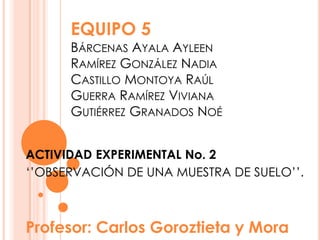 EQUIPO 5

BÁRCENAS AYALA AYLEEN
RAMÍREZ GONZÁLEZ NADIA
CASTILLO MONTOYA RAÚL
GUERRA RAMÍREZ VIVIANA
GUTIÉRREZ GRANADOS NOÉ
ACTIVIDAD EXPERIMENTAL No. 2
‘’OBSERVACIÓN DE UNA MUESTRA DE SUELO’’.

Profesor: Carlos Goroztieta y Mora

 